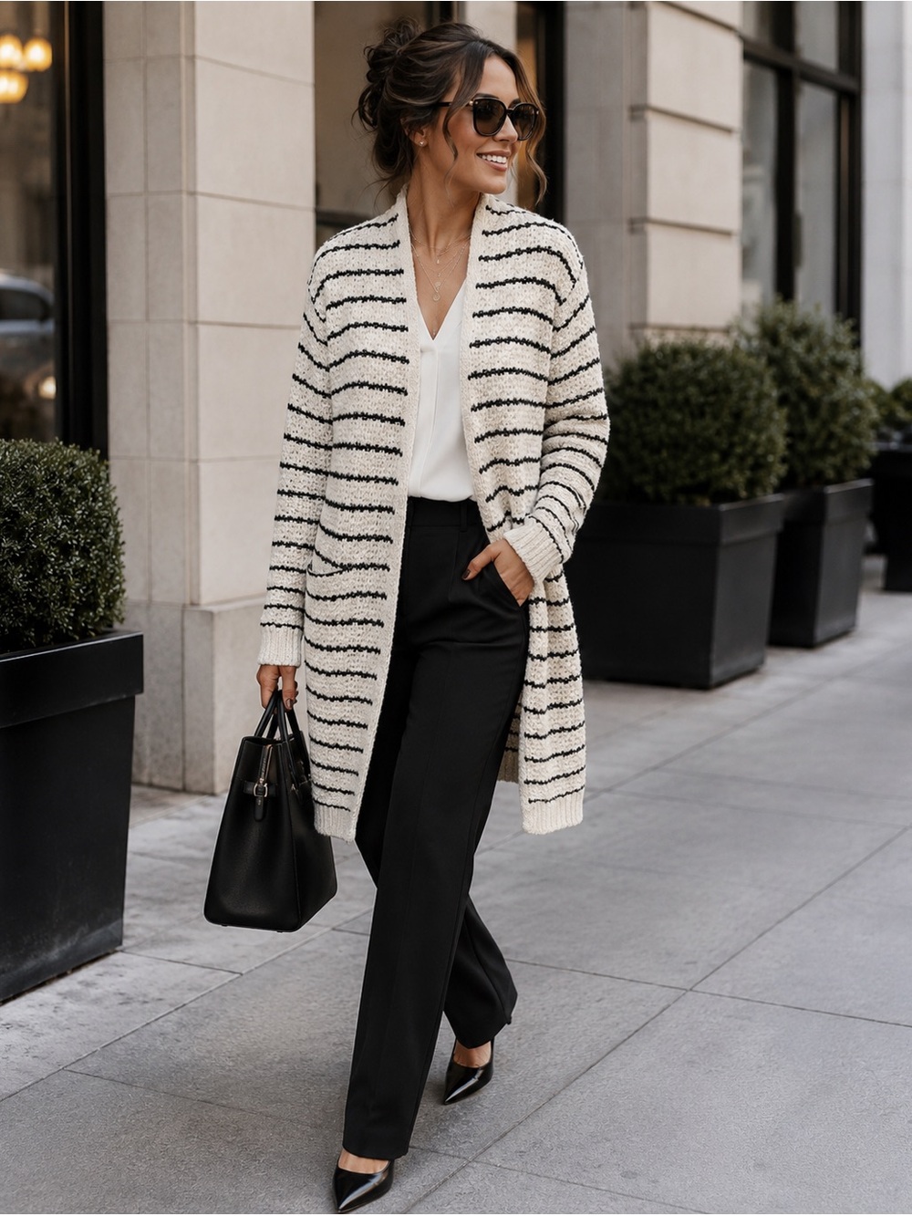 Gibson Latimer Cream & Black Crochet Striped Long Cardigan Sweater M